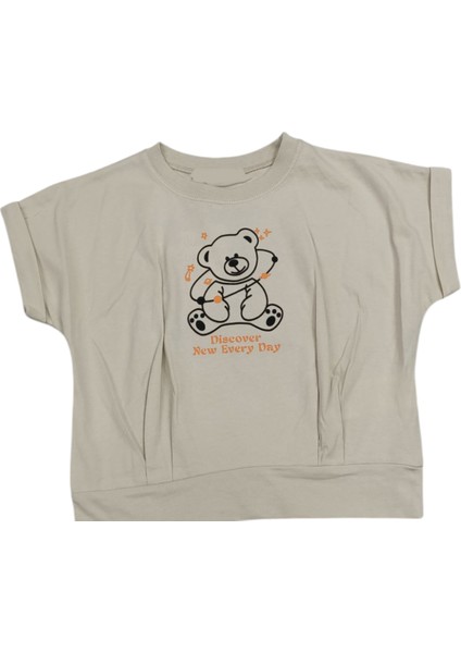 Kız Çocuk Önü Ayıcık Sırtı Kanat Aksesuarlı Bej Tişört