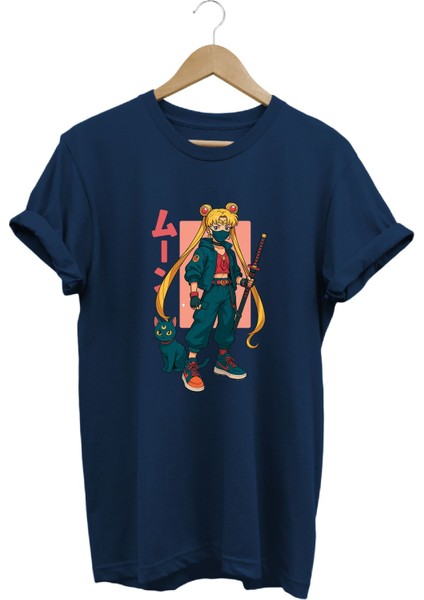 Anime Sailor Moon Usagi Katana Baskılı Kadın Tişört %100 Pamuk Regular Fit Bisiklet Yaka T-Shirt