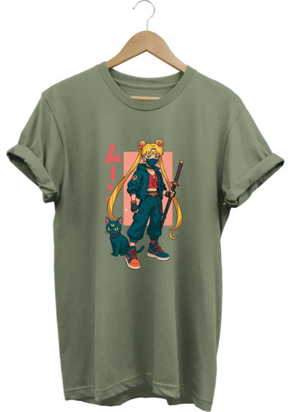 Anime Sailor Moon Usagi Katana Baskılı Kadın Tişört %100 Pamuk Regular Fit Bisiklet Yaka T-Shirt
