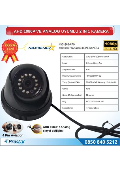 Ahd 1080P ve Analog Pal Çevrilebilir 4 Pin Plastik Dome Araç Kamerası modelleri