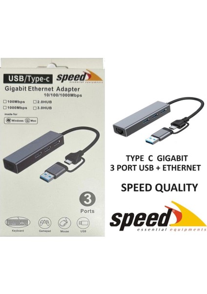 Speed UET01 10-100-1000 USB - Type C 3 Port USB 3.0 Çoklayıcı Gigabit Ethernet Çevirici