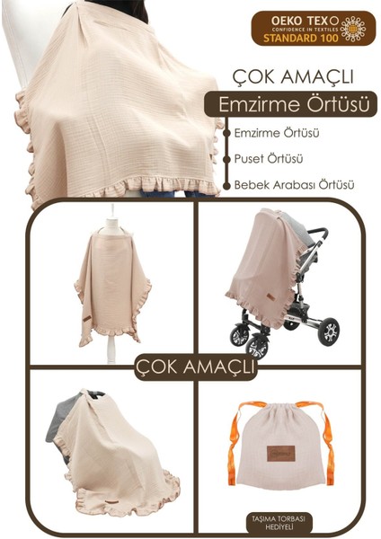 Müslin Bebek Emzirme Örtüsü/önlüğü Puset, Bebek Arabası Örtüsü, Extra Büyük, Ruffle Seri, Kapiçino
