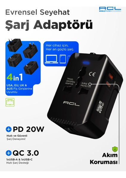 AC-114 Evrensel Seyahat Şarj Adaptörü | 4in1 Çoklu Fiş Uyumu | 20W Pd & Qc3.0 Hızlı Şarj | Usb-C + Usb-A Çift Port
