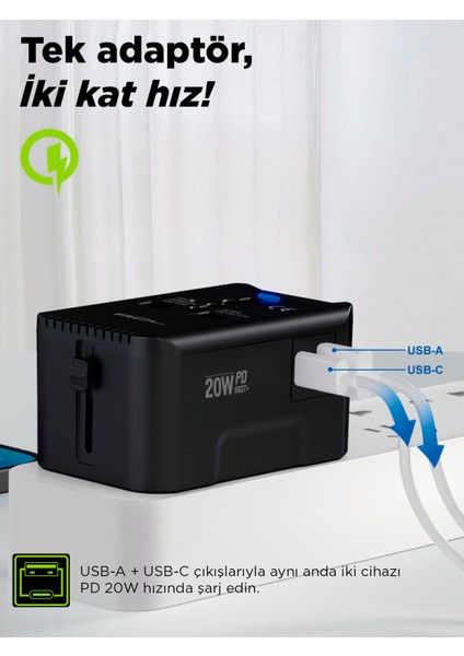 AC-114 Evrensel Seyahat Şarj Adaptörü | 4in1 Çoklu Fiş Uyumu | 20W Pd & Qc3.0 Hızlı Şarj | Usb-C + Usb-A Çift Port
