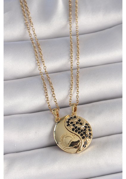 316L Çelik Gold Renk Zincir Zirkon Taşlı Ying Yang Model Gün Batımı İşlemeli Arkadaşlık Kadın Kolye - TJ-BKO10029