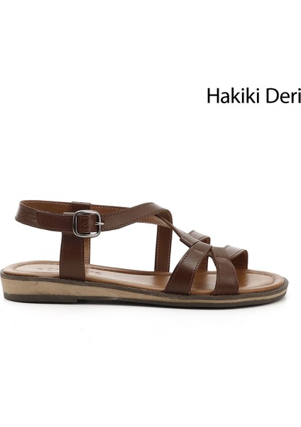 Kadın Kahve Hakiki Deri Sandalet