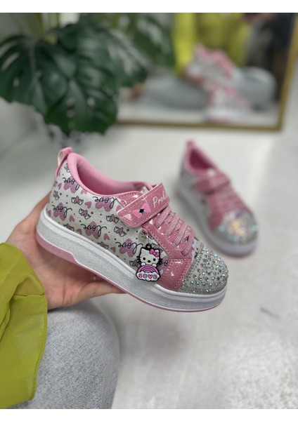 Günlük Kız Çocuk Sneaker Püskül Detaylı Oval Simli Burun Desenli Bağcıklı Cırtlı Spor Ayakkabı 4004