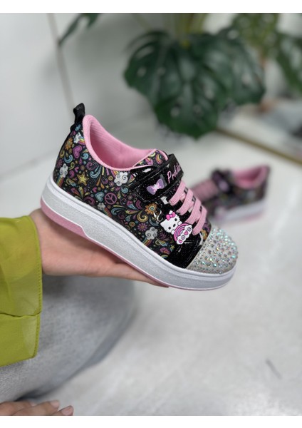 Günlük Kız Çocuk Sneaker Püskül Detaylı Oval Simli Burun Desenli Bağcıklı Cırtlı Spor Ayakkabı 4004