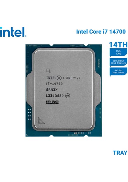 Intel Core I7 14700 Tray 2.1ghz 20 Çekirdek 33MB Akıllı Önbellek Soket 1700 Kutusuz Işlemci