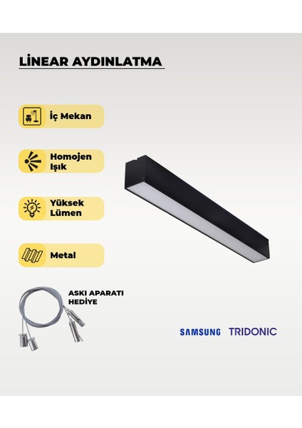 120 cm Siyah Metal Kasa Lineer Aydınlatma 6500K (Beyaz Işık)