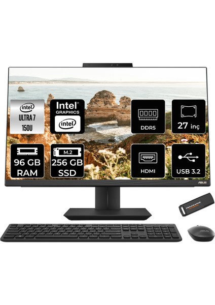 A5702 Intel Core Ultra 7 150U 96GB 256GB SSD 27" Fhd Fdos All In One Bilgisayar & Per4 USB Bellek A5702I7161TBB0DP336