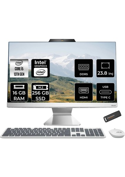 A3402 Intel Core I5 1335U 16GB 256GB SSD 23.8" Fhd Fdos All In One Bilgisayar & Per4 USB Bellek A3402MMC215WP306