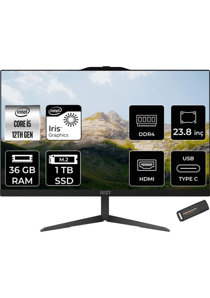 Msı Modern AM242 Intel Core I5 1235U 36GB 1tb SSD 23.8" Fhd Fdos All In One Bilgisayar & Per4 USB Bellek 12M838XTRP333