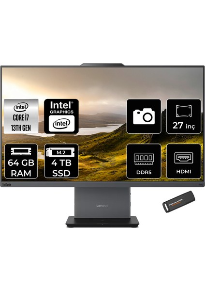 Thinkcentre Neo 50A Gen 5 Intel Core I7 13620H 64GB 4tb SSD 27" Fhd Fdos All In One Bilgisayar & Per4 USB Bellek 12SA000RTRP335