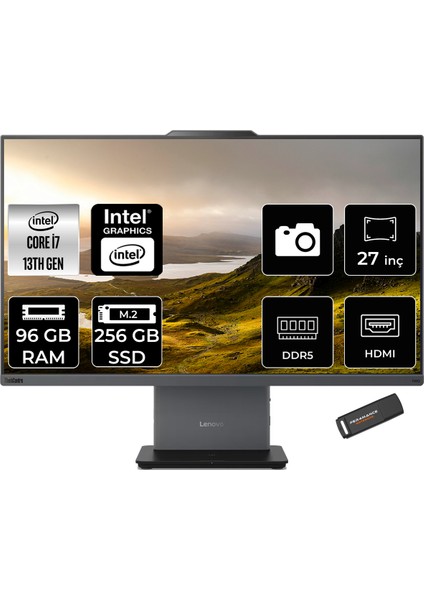 Thinkcentre Neo 50A Gen 5 Intel Core I7 13620H 96GB 256GB SSD 27" Fhd Fdos All In One Bilgisayar & Per4 USB Bellek 12SA000RTRP336