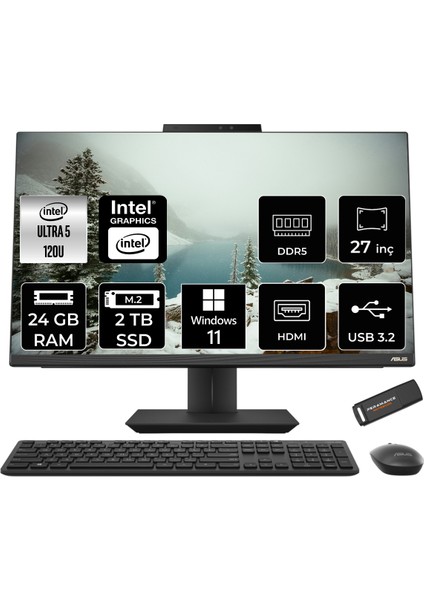 A5702 Intel Core Ultra 5 120U 24GB 2tb SSD 27" Fhd W11H All In One Bilgisayar & Per4 USB Bellek A5702I58512B0DP354