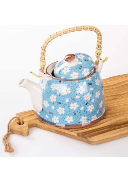 Çiçek Desenli Hasır Saplı Porselen Demlik 900ml, Çay, Kahve, Bitki Çayı Sunumu