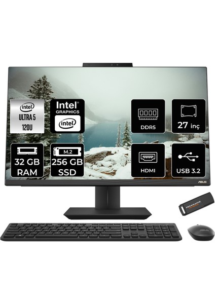 A5702 Intel Core Ultra 5 120U 32GB 256GB SSD 27" Fhd Fdos All In One Bilgisayar & Per4 USB Bellek A5702I58512B0DP316