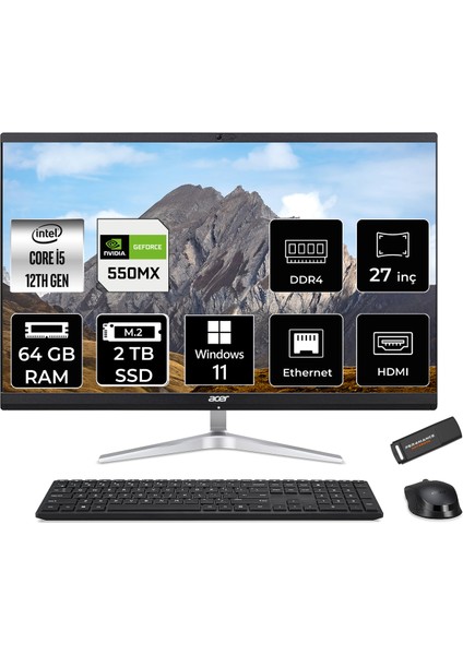 Aspire C27 Intel Core I5 1240P 64GB 2tb SSD MX550/2GB 27" Fhd Windows 11 Home Touch All In One Bilgisayar & Per4 USB Bellek DQBJAEM005P399