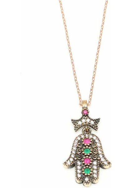 925 Ayar Gümüş Bronz Fatmaeli Taşlı Otantik Kolye