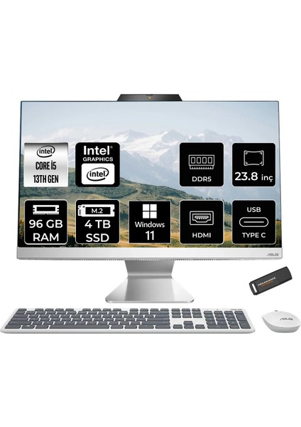 A3402 Intel Core I5 1335U 96GB 4tb SSD 23.8" Fhd Windows 11 Home All In One Bilgisayar & Per4 USB Bellek A3402MMC215WP380