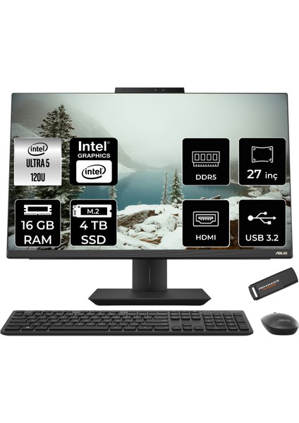 A5702 Intel Core Ultra 5 120U 16GB 4tb SSD 27" Fhd Fdos All In One Bilgisayar & Per4 USB Bellek A5702I58512B0DP310