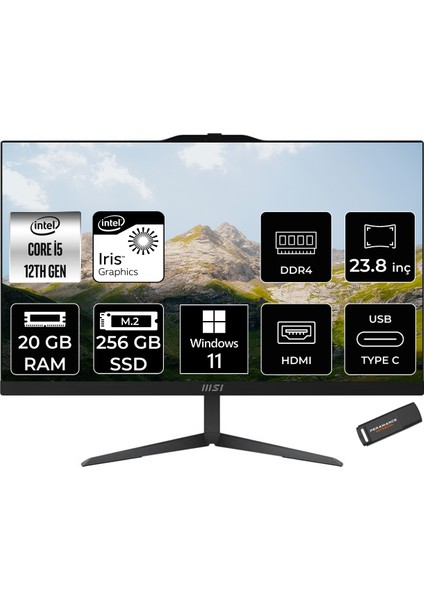 Msı Modern AM242 Intel Core I5 1235U 20GB 256GB SSD 23.8" Fhd Windows 11 Home All In One Bilgisayar & Per4 USB Bellek 12M838XTRP366