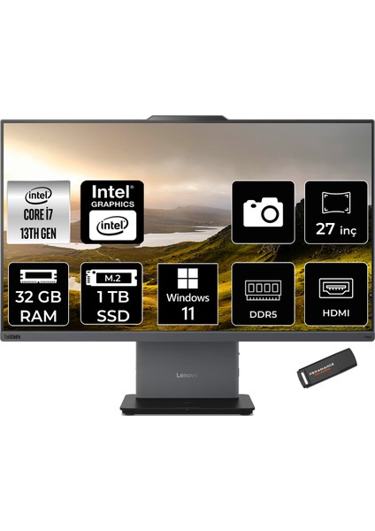 Thinkcentre Neo 50A Gen 5 Intel Core I7 13620H 32GB 1tb SSD 27" Fhd Windows 11 Pro All In One Bilgisayar & Per4 USB Bellek 12SA000RTRP398