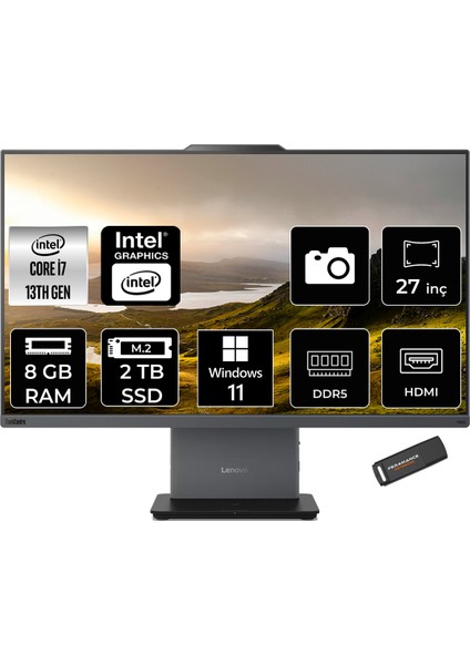 Thinkcentre Neo 50A Gen 5 Intel Core I7 13620H 8gb 2tb SSD 27" Fhd Windows 11 Pro All In One Bilgisayar & Per4 USB Bellek 12SA000RTRP384