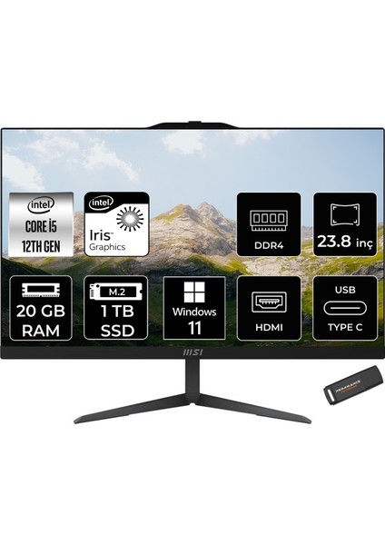 Msı Modern AM242 Intel Core I5 1235U 20GB 1tb SSD 23.8" Fhd W11P All In One Bilgisayar & Per4 USB Bellek 12M838XTRP418