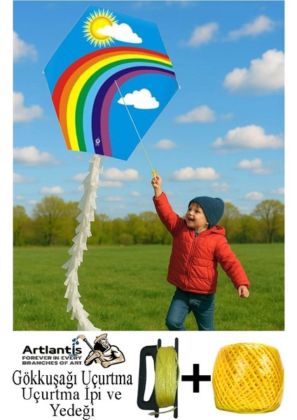 Renkli Uçurtma Çıtalı Yedek Ipli 1 Paket Uçurması Kolay Uçurtma Ahşap Çıtalı Kuyruklu Çocuklar ve Yetişkinler Için