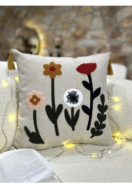 1 Adet Püsküllü Punch Kırlent Kılıfı 43 x 43 cm Yastık Kılıfı Fermuarlı Papatya