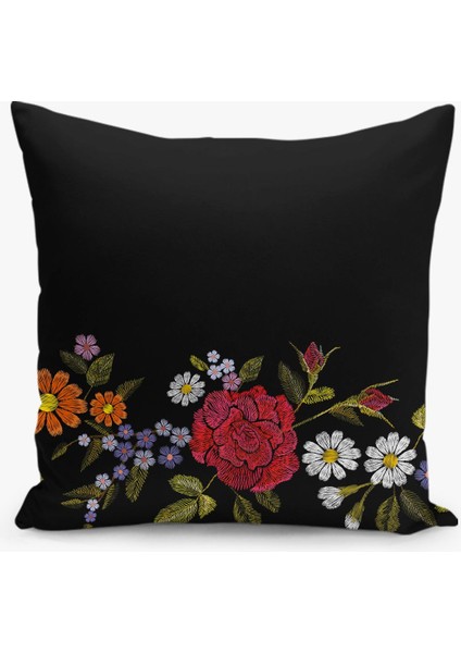 Çift Taraflı Dijital Baskı Kırlent Kılıfı Nakış Görünümlü Çiçek Desenli