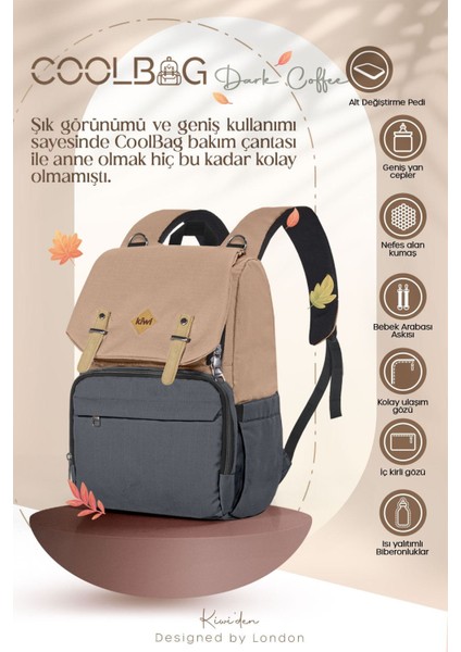 Coolbag Anne Bebek Çantası -Bebek Bakım Çantası Termal Gözlü Su Geçirmez Anne Çanta - Somon Antrasi