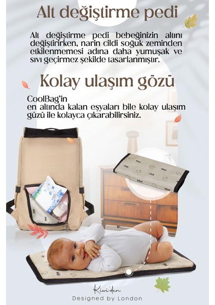 Coolbag Anne Bebek Çantası -Bebek Bakım Çantası Termal Gözlü Su Geçirmez Anne Çanta - Somon Antrasi