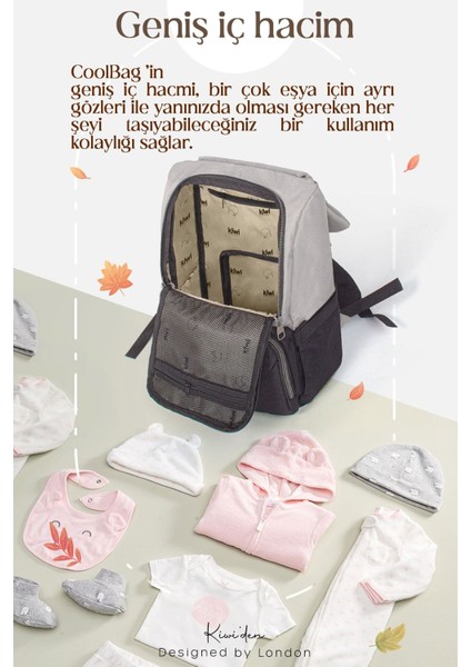 Coolbag Anne Bebek Çantası -Bebek Bakım Çantası Termal Gözlü Su Geçirmez Anne Çanta - Somon Antrasi