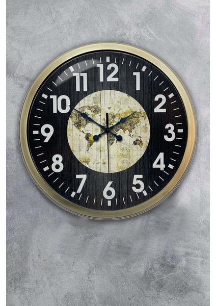 40 cm Metal Düz Rakam Dünya Haritası Kadranlı Modern Dekoratif Lüks Duvar Saati