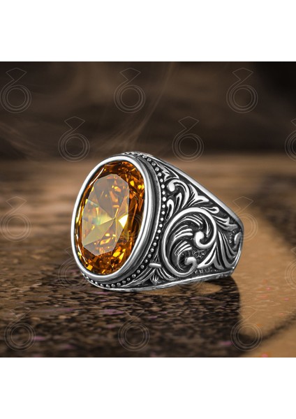 925 Ayar Gümüş Kalem Işlemeli Sarı Sitrin Taşlı Oval Erkek Yüzük modelleri
