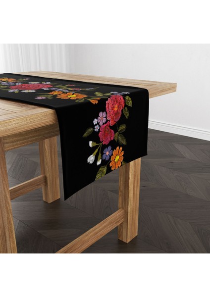 Dijital Baskılı Runner - Bahar Çiçek Desenli - Nakış Görünümlü - 140X40 cm