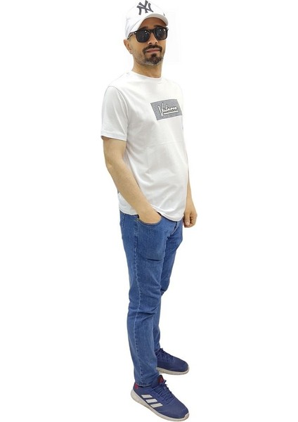 Erkek Bisiklet Yaka Silim Fit Yazı Kabartmalı %100 Pamuk T-Shirt