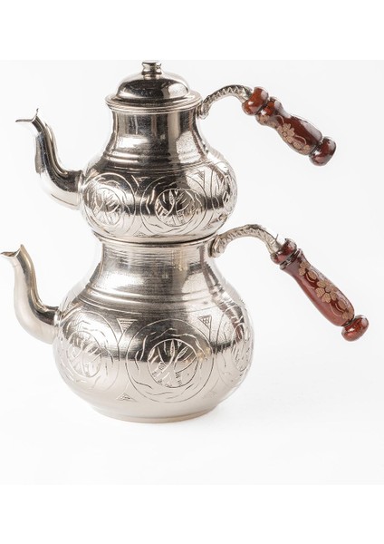Dmt Gaziantep Bakır Çaydanlık Takımı Ağır El Işlemeli Alt:14,5cm Üst:10,5cm Toplam:2,6 Lt Ahşap Kul