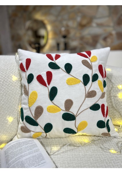1 Adet Punch Kırlent Kılıfı Çiçek Desenli - Punch Yastık Kılıfı Beyaz Gri 43 x 43 Fermuarlı