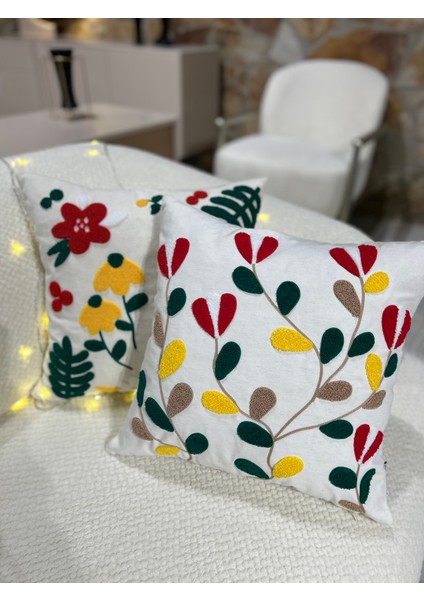 1 Adet Punch Kırlent Kılıfı Çiçek Desenli - Punch Yastık Kılıfı Beyaz Gri 43 x 43 Fermuarlı modelleri