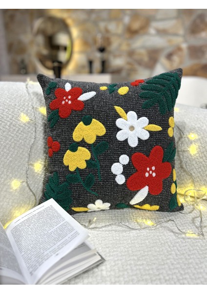 1 Adet Punch Kırlent Kılıfı Çiçek Desenli - Punch Yastık Kılıfı Beyaz Gri 43 x 43 Fermuarlı