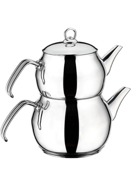 Orta Boy Çaydanlık Takımı D-204, şık ve kullanışlı ev mutfak seti, çelik, altın ve platin renk.