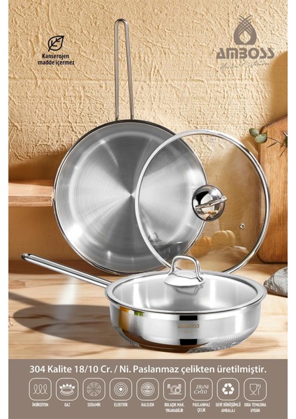 Saphire Cam Kapaklı Paslanmaz Çelik 4 Parça Tava Seti