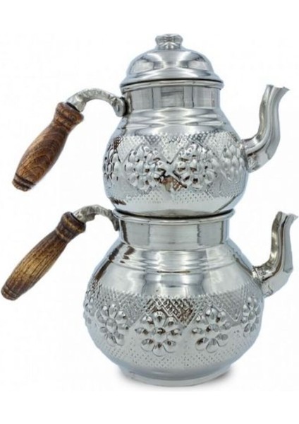 Bakır küçük boy çaydanlık, gümüş detaylı, papatya tasarımı, şık ve kullanışlı 1 L