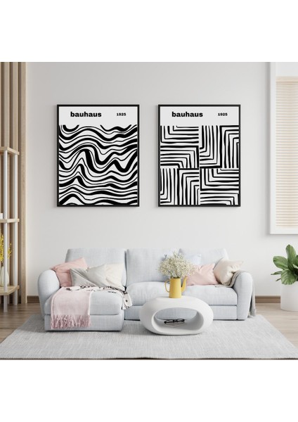 Bauhaus Siyah Çizgiler Duvar Tablosu Çerçeveli 2'li Set