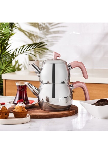 Şık ve dayanıklı orta boy pembe çaydanlık takımı, paslanmaz çelik malzeme