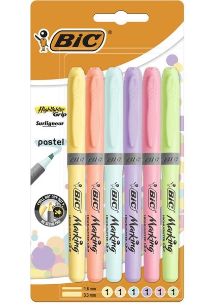 Brite Liner Grip Fosforlu Kalem 6 Adet - Karışık Pastel Tonlar